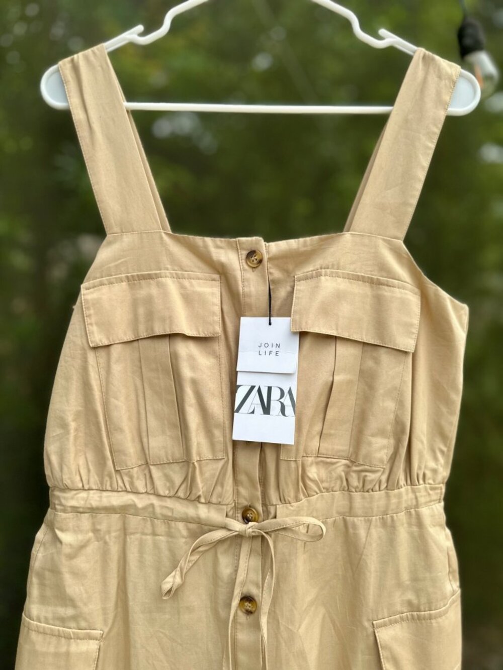 Zara Beige Utility Jumpsuit Romper Tie Waist Size S NWT